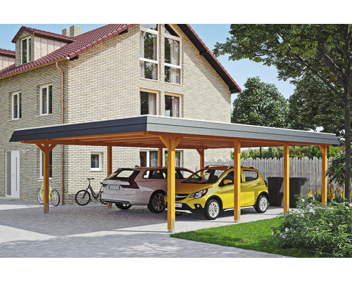 Doppelcarport SKAN HOLZ Wendland inkl. EPDM Folie, Pfostenanker 630 x 879 cm eiche hell