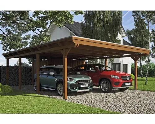 Doppelcarport SKAN HOLZ Emsland inkl. Abstellraum, Pfostenanker 613 x 846 cm nussbaum
