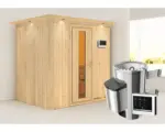 Hornbach Energiespar-Elementsauna Karibu Benina inkl.3,6 kW Ofen u.ext.Steuerung mit Dachkranz mit Holztüre und Isolierglas wärmegedämmt