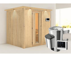 Energiespar-Elementsauna Karibu Lupin inkl.3,6 kW Ofen u.ext.Steuerung mit Dachkranz mit Holztüre und Isolierglas wärmegedämmt