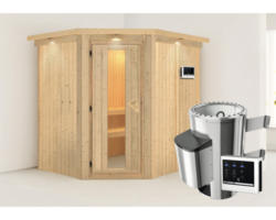 Energiespar-Elementsauna Karibu Lobina inkl.3,6 kW Ofen u.ext.Steuerung mit Dachkranz mit Holztüre und Isolierglas wärmegedämmt