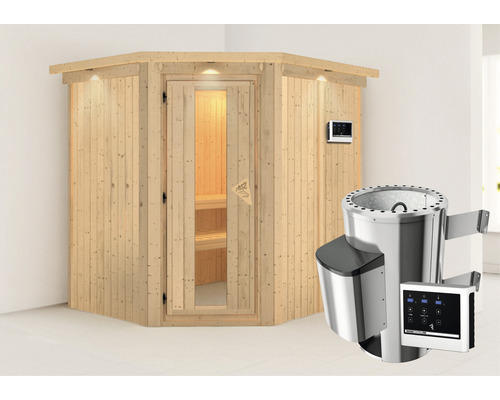 Energiespar-Elementsauna Karibu Lobina inkl.3,6 kW Ofen u.ext.Steuerung mit Dachkranz mit Holztüre und Isolierglas wärmegedämmt