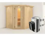 Hornbach Energiespar-Elementsauna Karibu Lobina inkl.3,6 kW Ofen u.integr.Steuerung mit Dachkranz mit Holztüre und Isolierglas wärmegedämmt