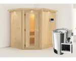 Hornbach Energiespar-Elementsauna Karibu Lobina inkl.3,6 kW Bio Ofen u.ext.Steuerung mit Dachkranz mit Holztüre und Isolierglas wärmegedämmt
