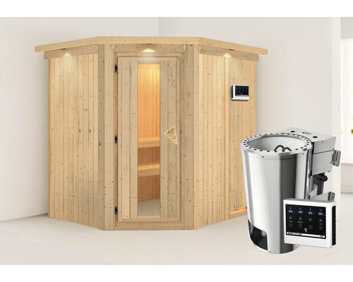 Energiespar-Elementsauna Karibu Lobina inkl.3,6 kW Bio Ofen u.ext.Steuerung mit Dachkranz mit Holztüre und Isolierglas wärmegedämmt