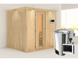 Energiespar-Elementsauna Karibu Lupin inkl.3,6 kW Bio Ofen u.ext.Steuerung mit Dachkranz mit Holztüre und Isolierglas wärmegedämmt