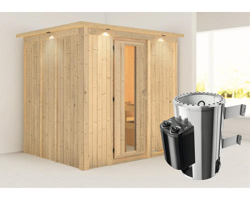 Energiespar-Elementsauna Karibu Lupin inkl.3,6 kW Ofen u.integr.Steuerung mit Dachkranz mit Holztüre und Isolierglas wärmegedämmt