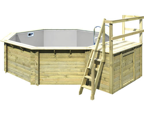 Aufstellpool Holzpool-Set Karibu Variante B achteckig Ø 470x124 cm inkl. Innenauskleidung grau & Leiter mit Plattform