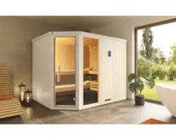 Elementsauna Weka Varberg 4 inkl. 7,5 kW Bio Ofen u.digitaler Steuerung mit Fenster und graphitfarbiger Ganzglastüre