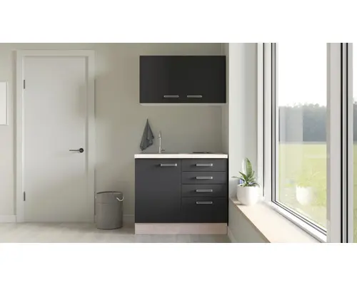 Miniküche Flex Well Santo 11422 Anthrazit/San Remo Eiche hell 100 cm inkl. Einbaugeräte