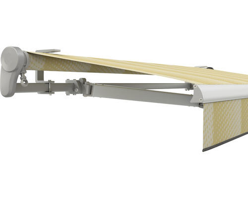 SOLUNA Gelenkarmmarkise Trend 5,5x4 Stoff Dessin J201 Gestell E6EV1 silber eloxiert Antrieb links inkl. Motor, Wandschalter,Nothandkurbel, Sonnen und Windwächter