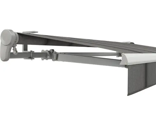 SOLUNA Gelenkarmmarkise Trend 5,5x3,5 Stoff Dessin D419 Gestell E6EV1 silber eloxiert Antrieb links inkl. Motor, Wandschalter und Nothandkurbel