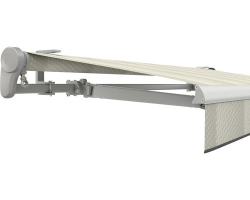 SOLUNA Gelenkarmmarkise Trend 5x3,5 Stoff Dessin J202 Gestell E6EV1 silber eloxiert Antrieb links inkl. Motor, Wandschalter,Nothandkurbel, Sonnen und Windwächter