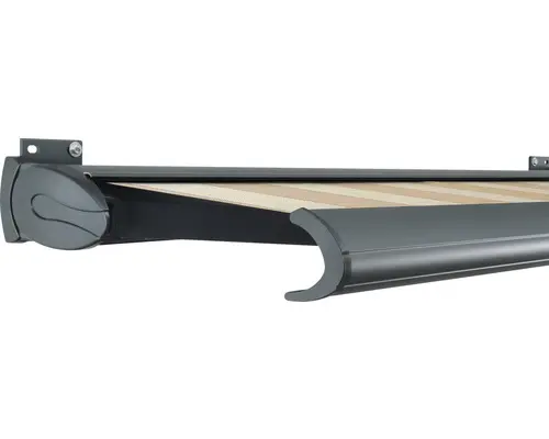 SOLUNA Kassettenmarkise Exklusiv 4x1,5 Dessin S2238 Gestell RAL 7016 anthrazitgrau Antrieb links inkl. Motor und Wandschalter