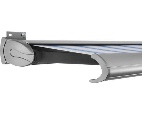 SOLUNA Kassettenmarkise Exclusiv 4,5x3 Stoff Dessin 320234 Gestell E6EV1 silber eloxiert Antrieb links inkl. Motor und Wandschalter