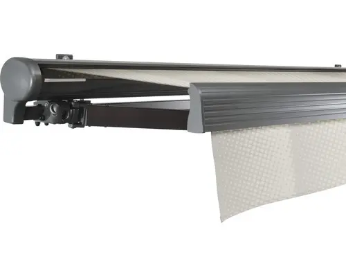 SOLUNA Halbkassettenmarkise Comfort 5x3 Dessin J202 Gestell DB703 dunkelgrau Antrieb links inkl.Motor, Sonnen und Windwächter,Wandschalter