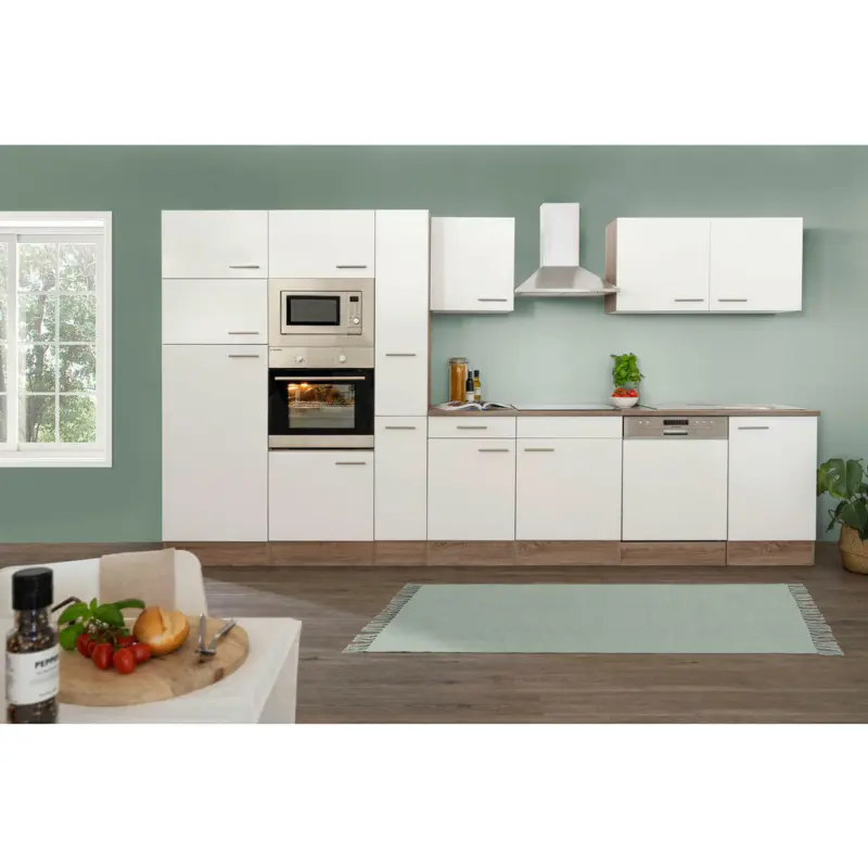 Küchenblock 370 cm in Weiß, Eichefarben