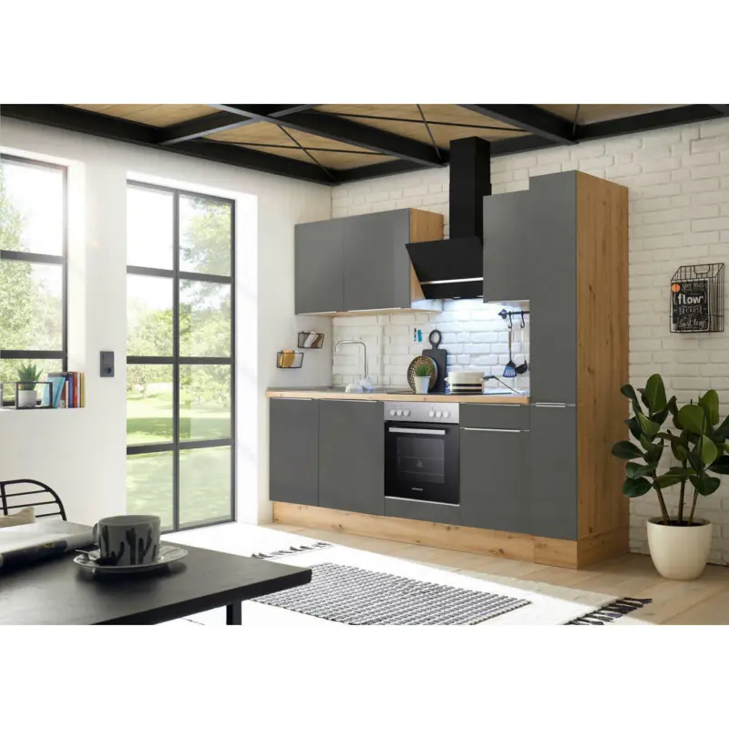 Küchenblock 250 cm in Anthrazit, Grau, Eiche Artisan