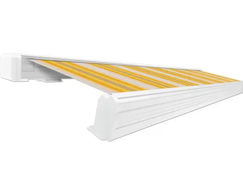 SOLUNA Kassettenmarkise Exquisit 6x2,5 Dessin 30A774 Gestell RAL 9010 reinweiß ink. Motor und Wandschalter links