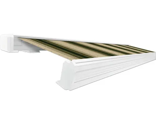 SOLUNA Kassettenmarkise Exquisit 5,5x2,5 Dessin 320b70 Gestell RAL 9010 reinweiß ink. Motor und Wandschalter links