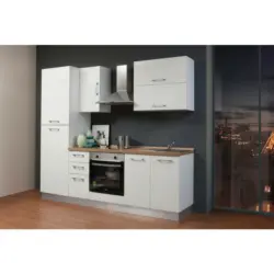 Küchenblock 240 cm in Honigeiche, Weiß Hochglanz