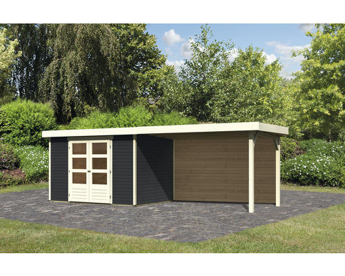 Gartenhaus Karibu Kodiak 4 inkl. Anbau 2,8 m mit Rückwand 557 x 217 cm anthrazit