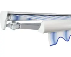 SOLUNA Halbkassettenmarkise Classic 4,5x2,5 Stoff Dessin 320234 Gestell E6EV1 silber eloxiert Antrieb links inkl. Motor und Wandschalter
