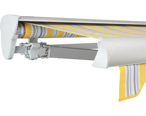 SOLUNA Halbkassettenmarkise Classic 4x2 Stoff Dessin 6292 Gestell E6EV1 silber eloxiert Antrieb links inkl. Motor und Wandschalter