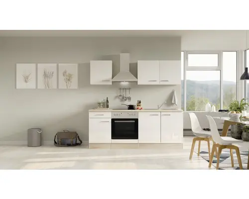 Küchenblock Flex Well Valero 12368 weiß glänzend/Sonoma Eiche 210 cm inkl. Einbaugeräte