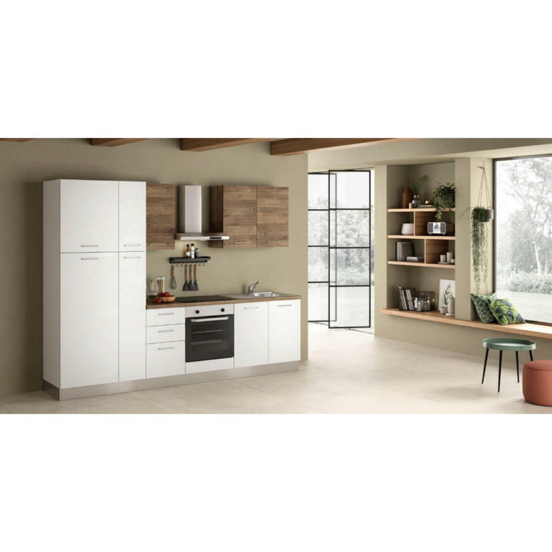Küchenblock 285 cm in Weiß, Nussbaumfarben