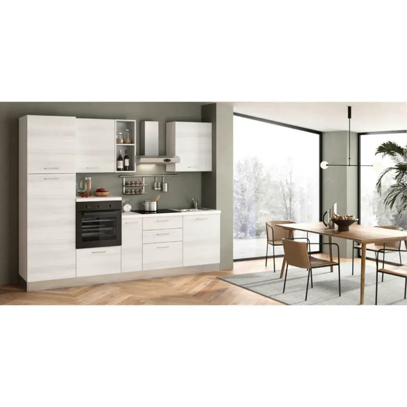 K&uuml;chenblock 270 cm in Wei&szlig;, Eukalyptusholzfarben