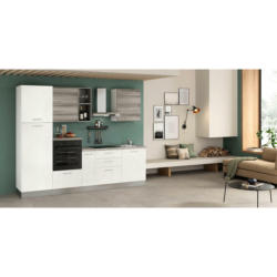Küchenblock 270 cm in Weiß, Graubraun, Eukalyptusholzfarben