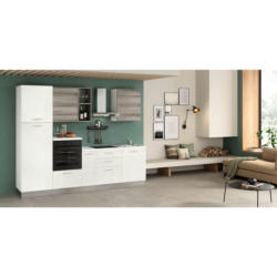 Küchenblock 270 cm in Weiß, Graubraun, Eukalyptusholzfarben