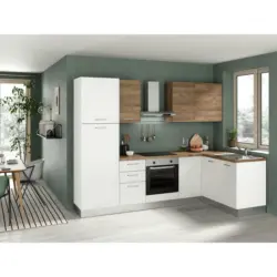 Eckküche 270/165 cm in Weiß, Nussbaumfarben