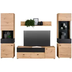 Wohnwand 310/191/47 cm in Schwarz, Eiche Artisan