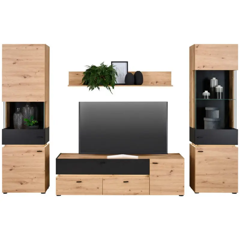 Wohnwand 310/191/47 cm in Schwarz, Eiche Artisan