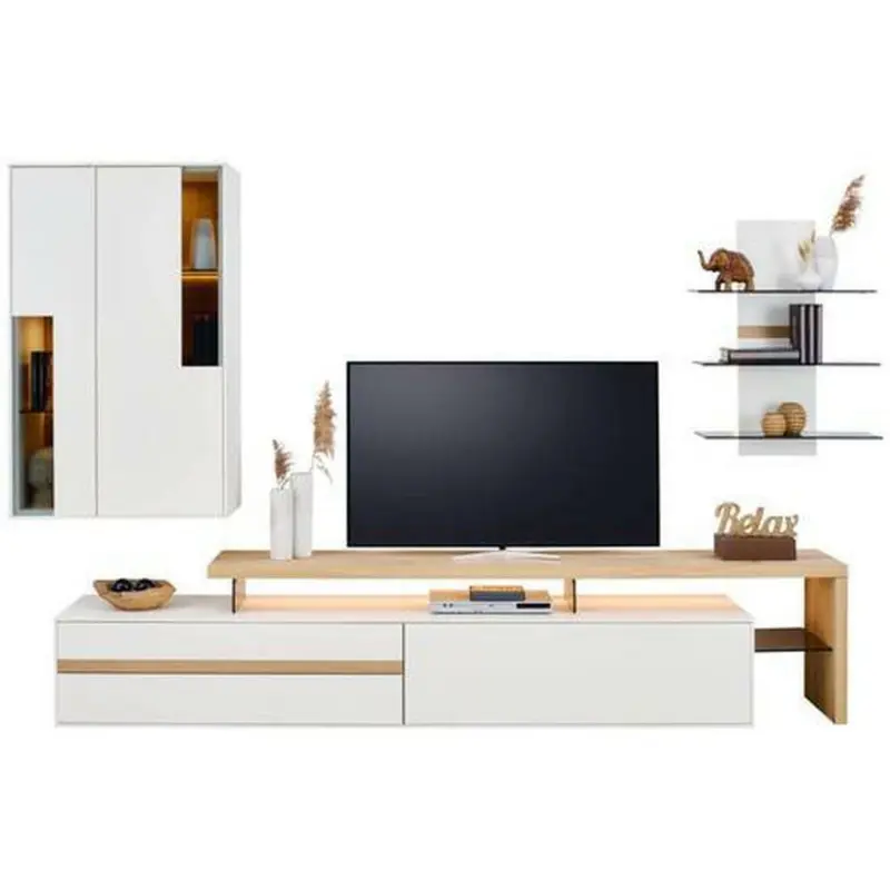 Wohnwand 311/198,2/49,6 cm in Wei&szlig;, Wildeiche