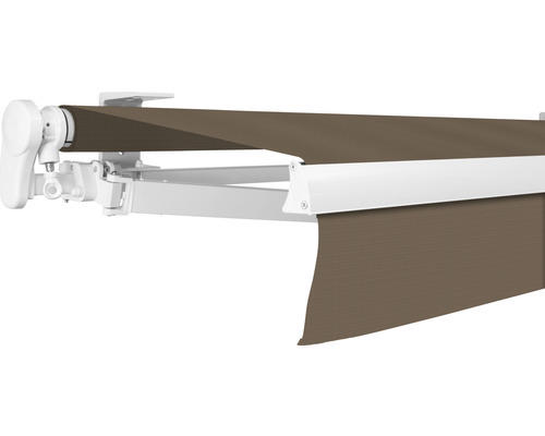 SOLUNA Gelenkarmmarkise Proof 3,5x3 Stoff Dessin 7559 Gestell RAL 9010 reinweiß Antrieb links inkl. Kurbel