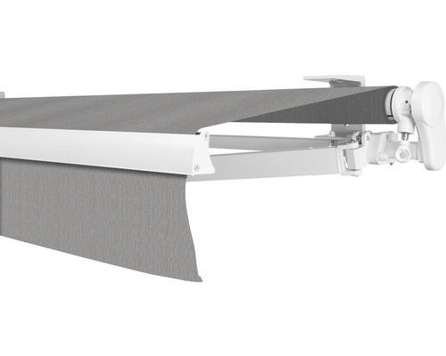 SOLUNA Gelenkarmmarkise Proof 4,5x2 Stoff Dessin 8396 Gestell RAL 9010 reinweiß Antrieb rechts inkl. Kurbel