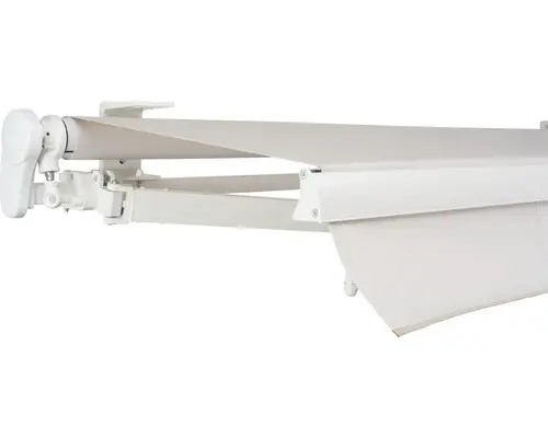 SOLUNA Gelenkarmmarkise Proof 3,5x2,5 Stoff Dessin 6020 Gestell RAL 9010 reinweiß Antrieb links inkl. Kurbel