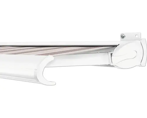 SOLUNA Kassettenmarkise Exclusiv 4x2 Dessin 8935 Gestell RAL 9010 reinweiß Antrieb rechts inkl. Motor und Wandschalter