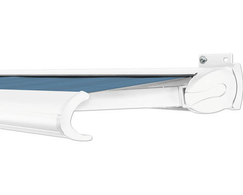 SOLUNA Kassettenmarkise Exclusiv 4,5x3 Dessin 320916 Gestell RAL 9010 reinweiß Antrieb rechts inkl. Motor und Wandschalter