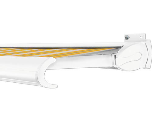 SOLUNA Kassettenmarkise Exclusiv 6x2,5 Dessin 30A774 Gestell RAL 9010 reinweiß Antrieb rechts inkl. Motor und Wandschalter