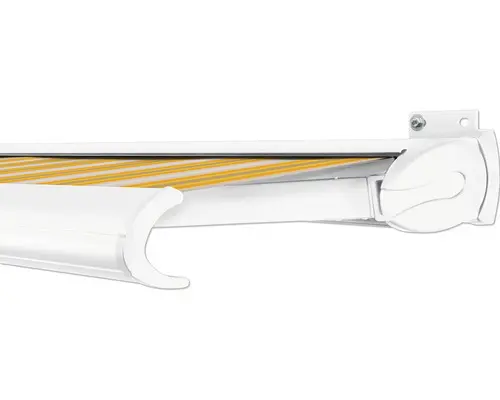 SOLUNA Kassettenmarkise Exclusiv 4x3 Dessin 30A774 Gestell RAL 9010 reinweiß Antrieb rechts inkl. Motor und Wandschalter