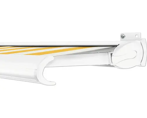 SOLUNA Kassettenmarkise Exclusiv 5x2,5 Dessin S2015 Gestell RAL 9010 reinweiß Antrieb rechts inkl. Motor und Wandschalter