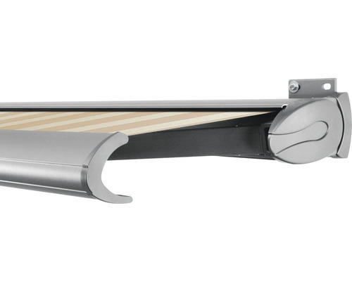 SOLUNA Kassettenmarkise Exclusiv 4x2,5 Stoff Dessin S2238 Gestell E6EV1 silber eloxiert Antrieb rechts inkl. Motor und Wandschalter