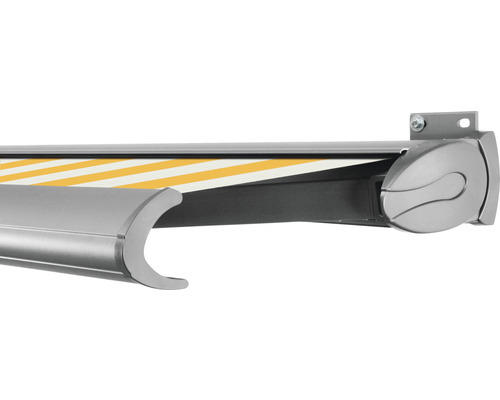 SOLUNA Kassettenmarkise Exclusiv 4x2 Stoff Dessin S2015 Gestell E6EV1 silber eloxiert Antrieb rechts inkl. Motor und Wandschalter