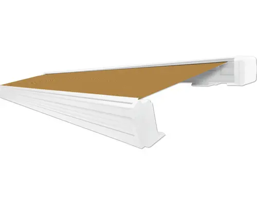 SOLUNA Kassettenmarkise Exquisit 4,5x3,5 Dessin S2180 Gestell RAL 9010 reinweiß Antrieb rechts inkl. Motor und Wandschalter