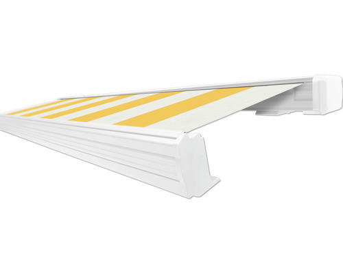 SOLUNA Kassettenmarkise Exquisit 4x2,5 Dessin S2015 Gestell RAL 9010 reinweiß Antrieb rechts inkl. Motor und Wandschalter