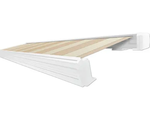 SOLUNA Kassettenmarkise Exquisit 5x2,5 Dessin S2238 Gestell RAL 9010 reinweiß Antrieb rechts inkl. Motor und Wandschalter